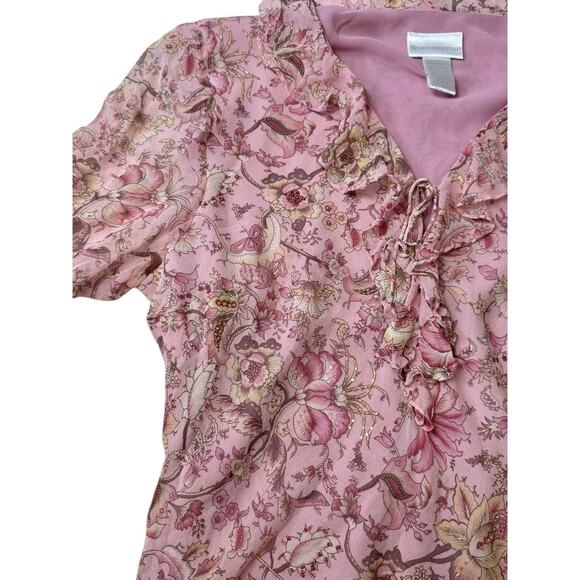 Y2K Silk Pink Floral Ruffled Blouse Size XL beaded Babydoll Fairy cottage LS - Picture 4 of 7